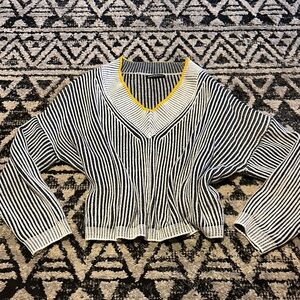 Striped V-Neck Sweater - Black and White